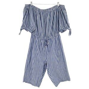 Blush Blue Striped Off-Shoulder Jumpsuit Cropped Wide Leg Romper